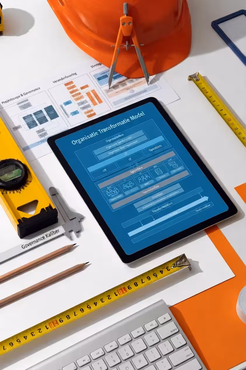 Architectuurmodellen en digitaal dashboard met transformatieplannen.